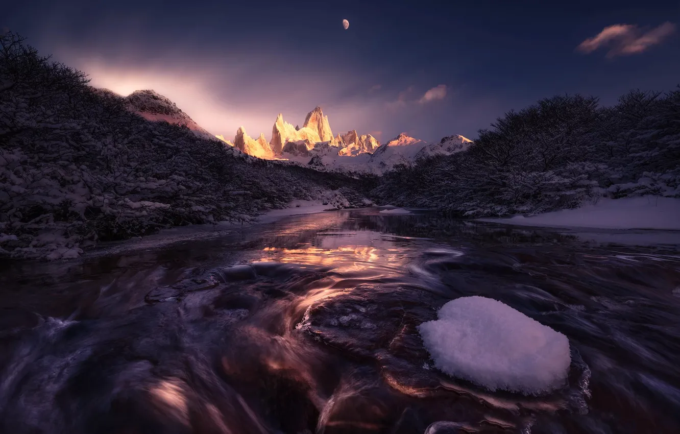 Фото обои Moon, Mountain, Night, View, Patagonia, Under
