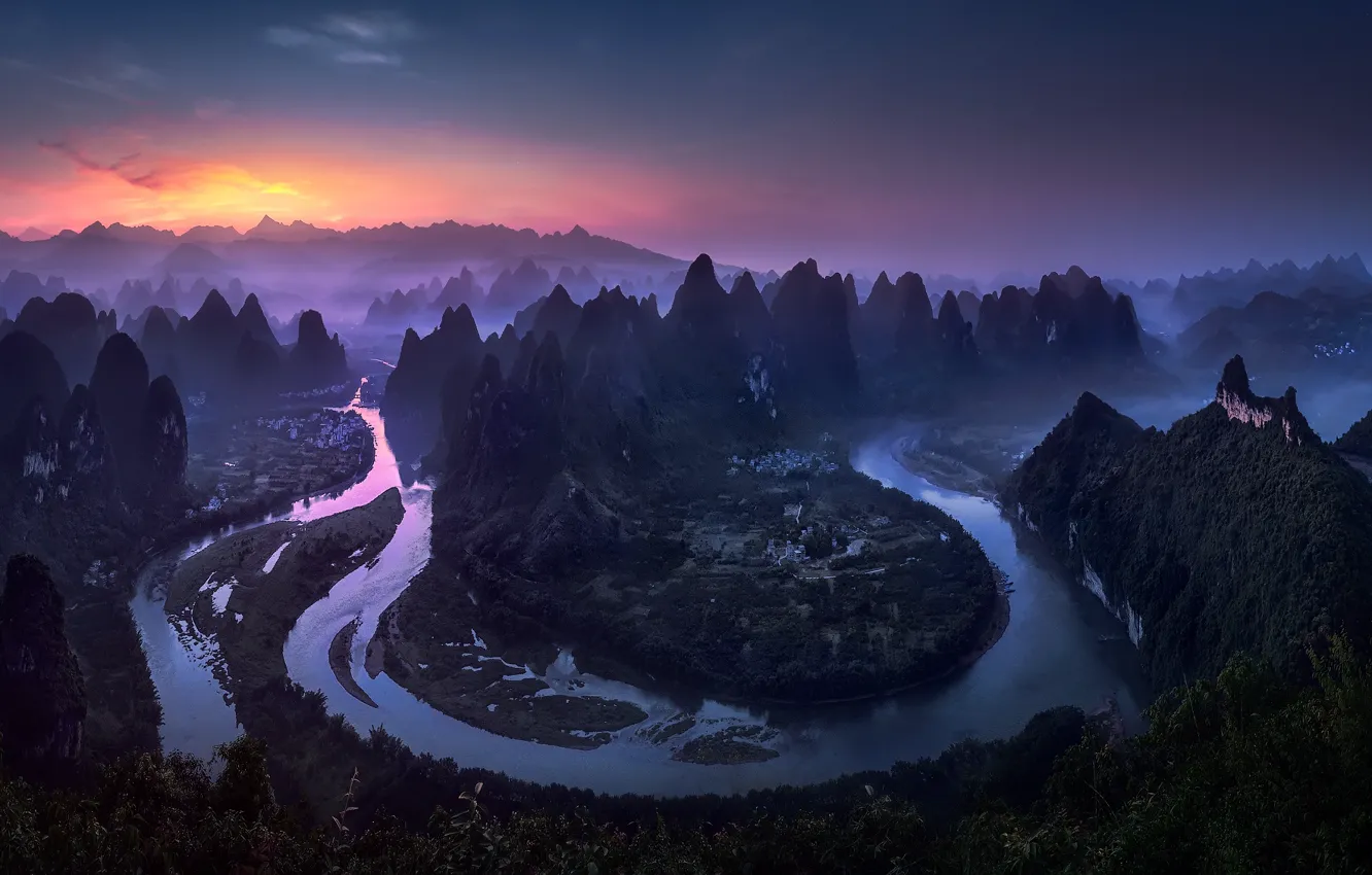 Фото обои река, вечер, утро, Китай