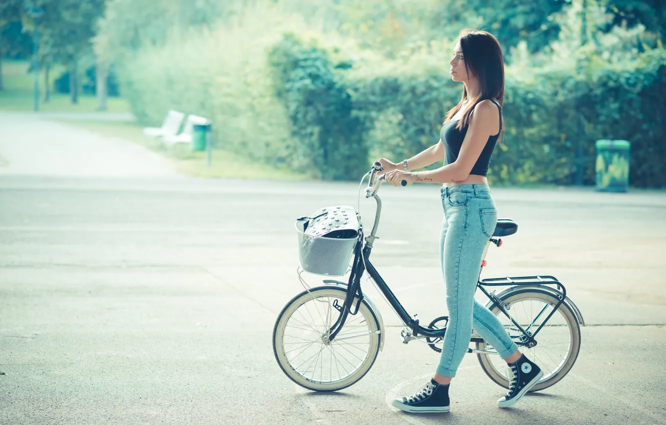 Фото обои bicycle, long hair, tattoo, women, brunette, Converse, sneakers, crop top
