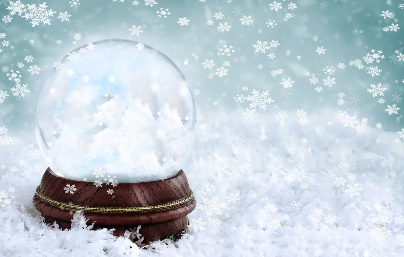Фото обои зима, стекло, снежинки, фон, шар