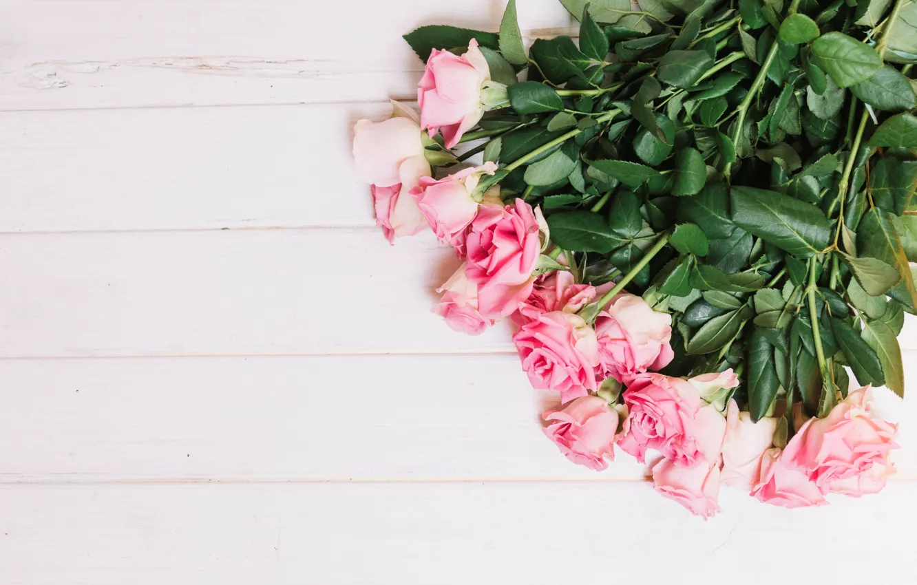 Фото обои цветы, розы, букет, розовые, бутоны, fresh, wood, pink