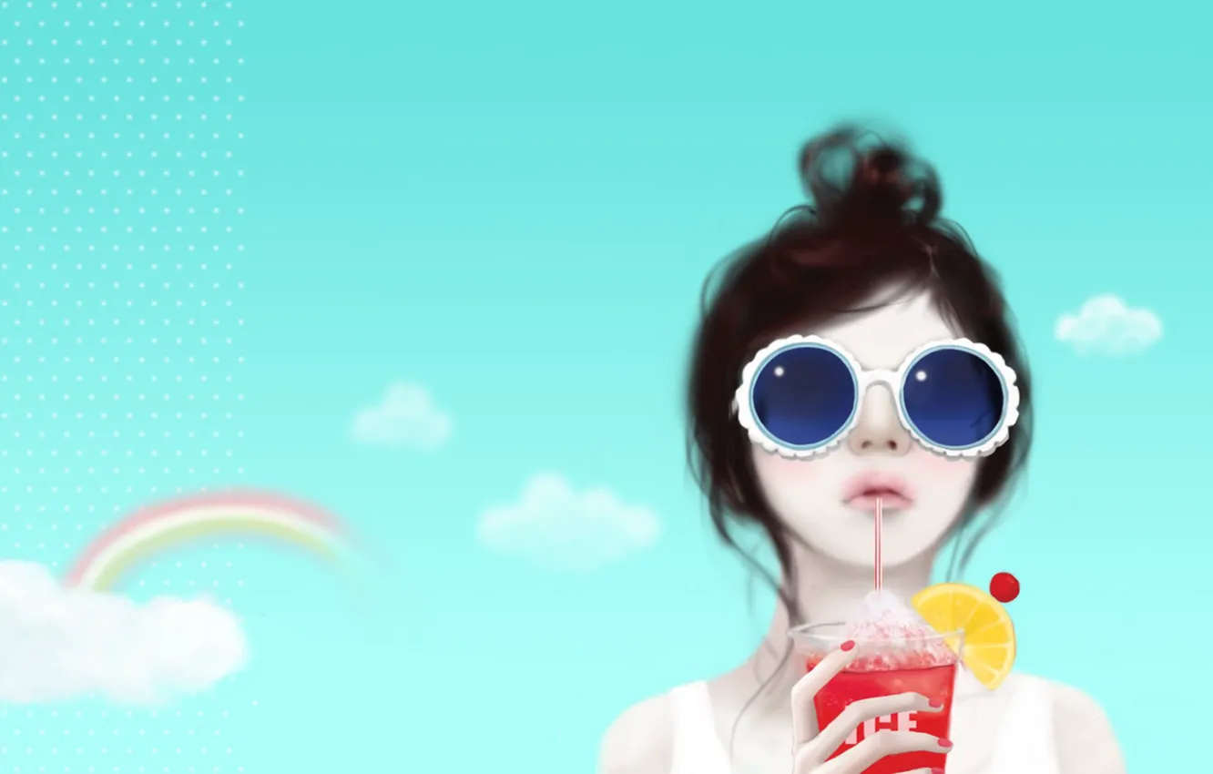 Фото обои небо, девушка, облака, задумчивость, лимон, радуга, коктейль, трубочка