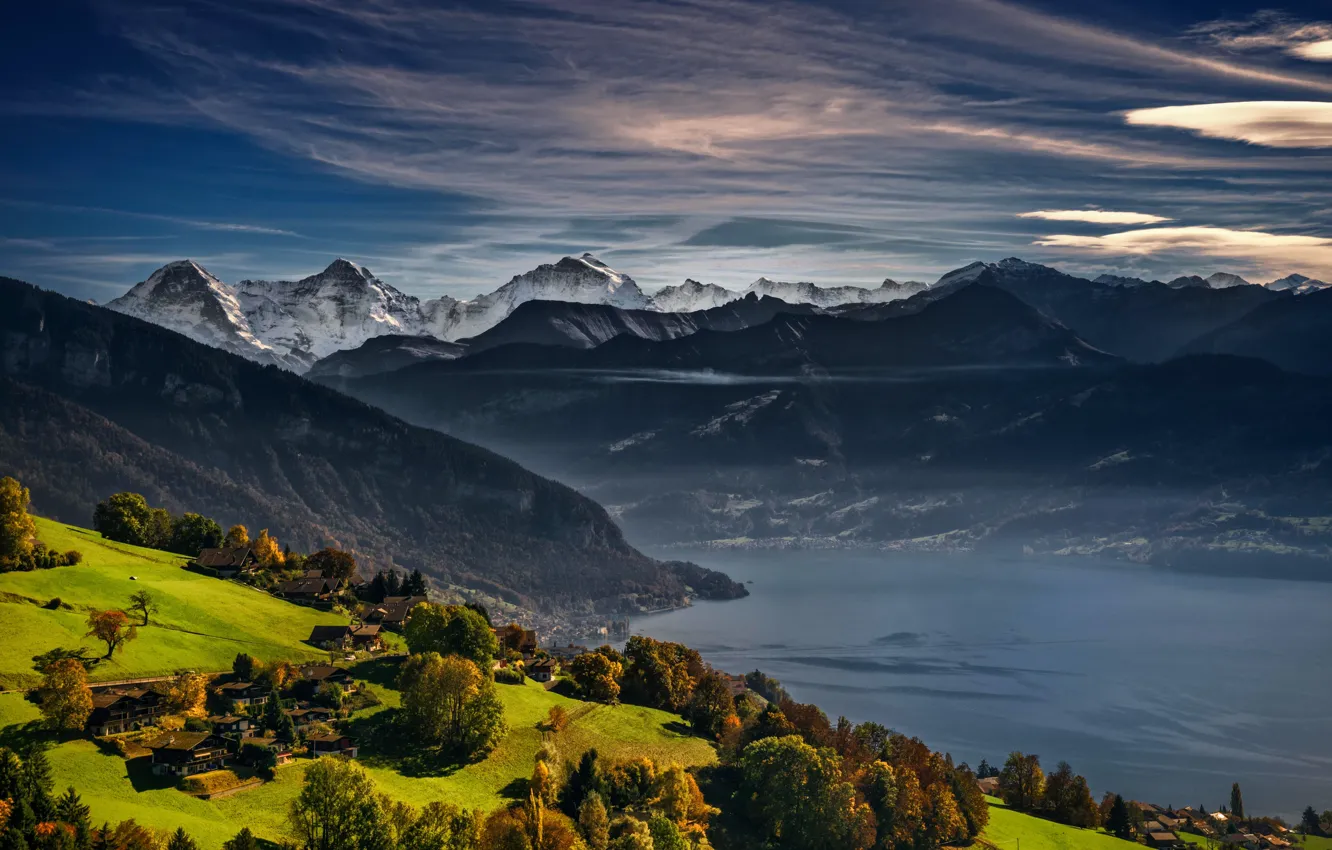 Фото обои осень, горы, озеро, Швейцария, Альпы, Switzerland, Swiss Alps, Lake Thun