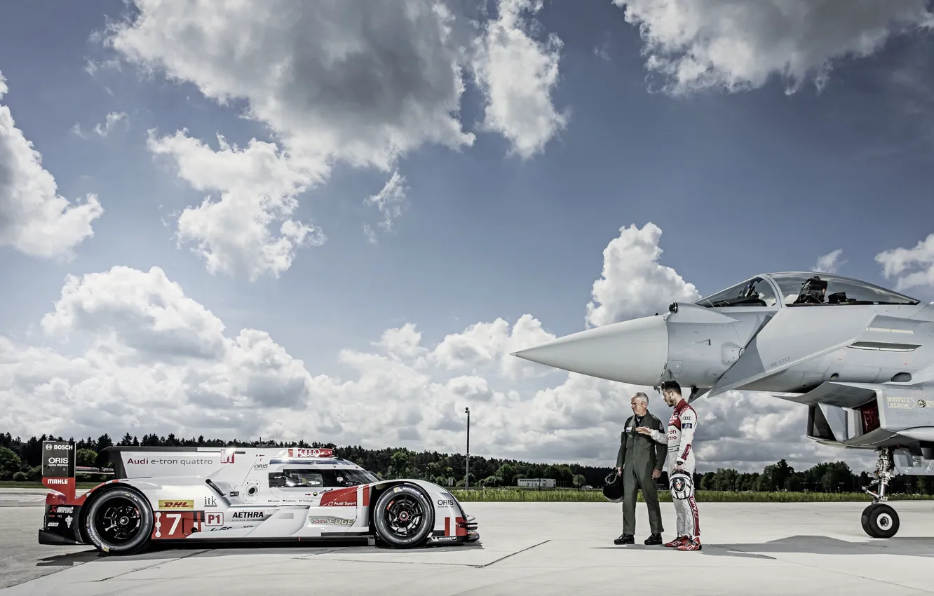 Фото обои Небо, LMP1, Пилот, 24 Hours of Le Mans, 24 часа Ле-Мана, Eurofighter Typhoon, Audi R18, …
