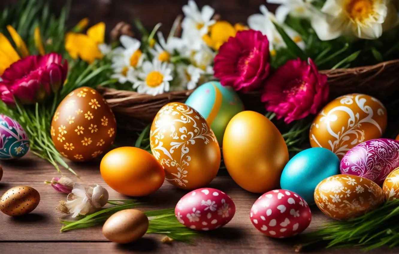 Фото обои цветы, яйца, весна, colorful, Пасха, happy, flowers, spring