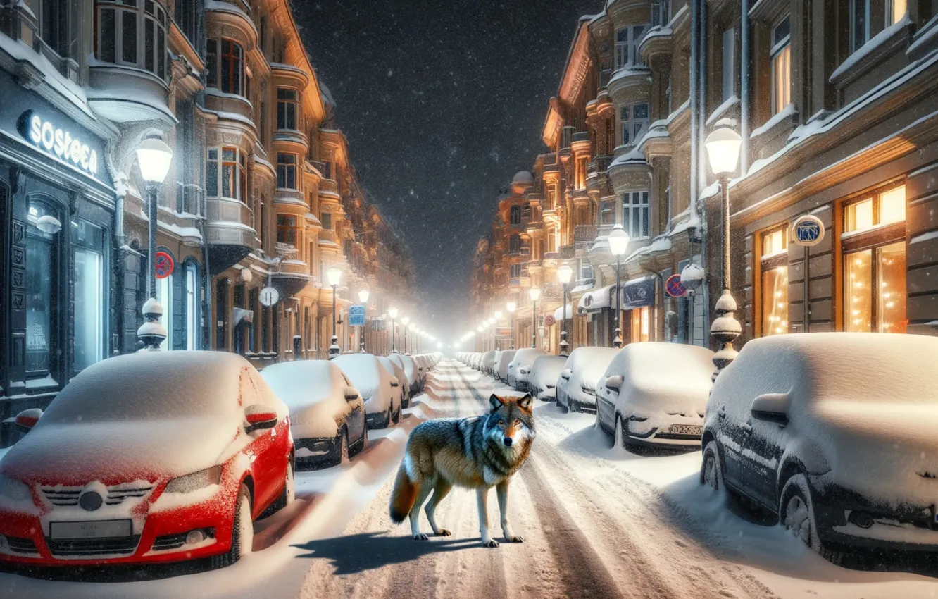 Фото обои Зима, Ночь, Город, Снег, Улица, Свет, Машины, Волк