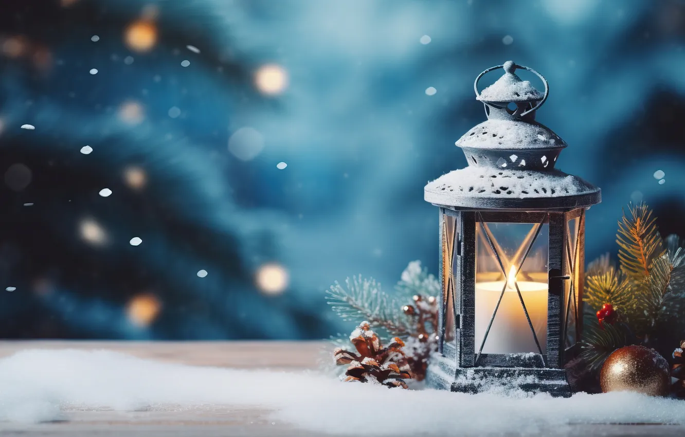 Фото обои зима, снег, ночь, Рождество, фонарь, Новый год, Christmas, night