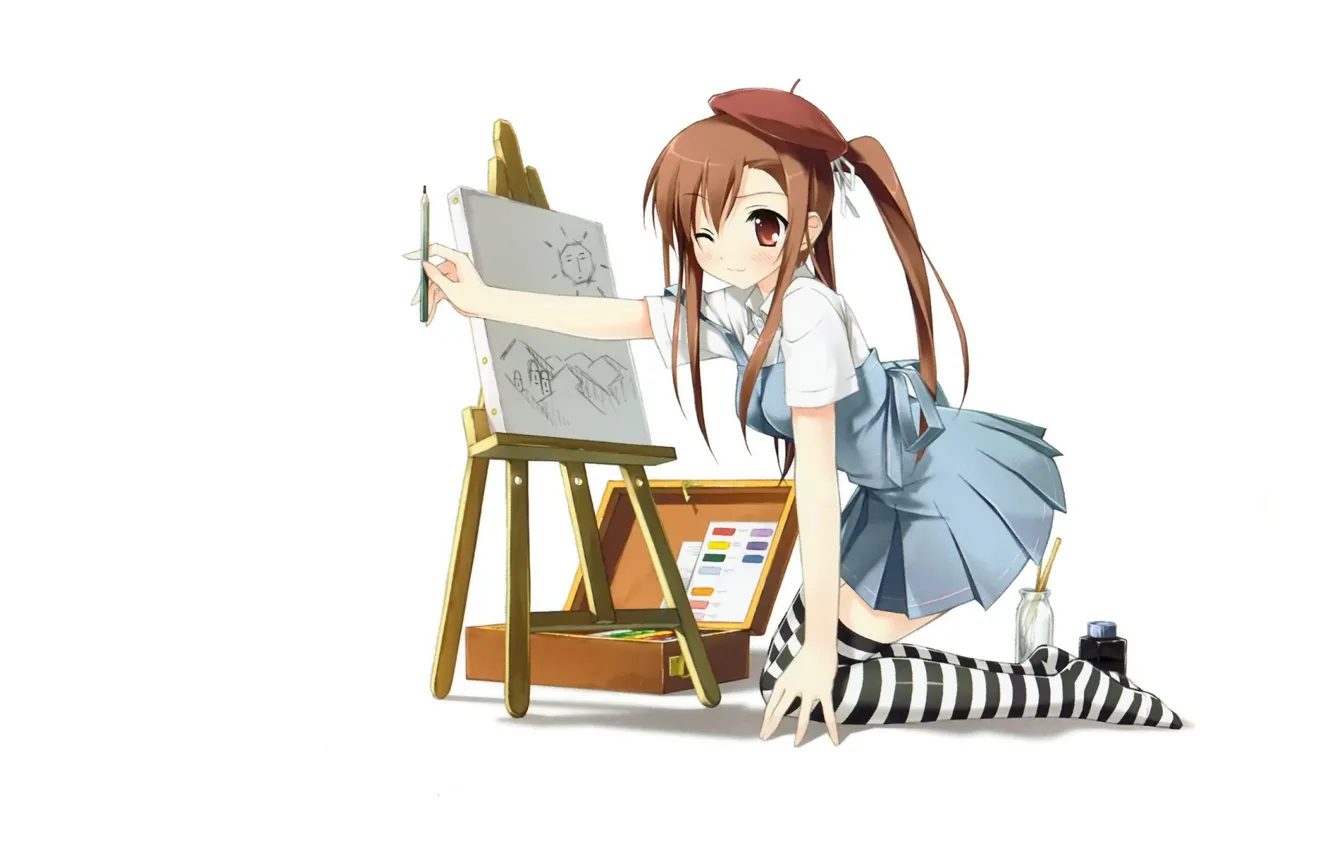 Фото обои рисунок, школьница, берет, на коленях, мольберт, полосатые чулки, by kantoku