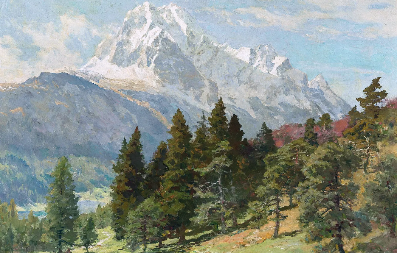 Фото обои Горы, Деревья, Картина, Немецкий художник-пейзажист, Эдвард Харрисон Комптон, Вид на горы Веттерштайн у озера Лаутерзее, …