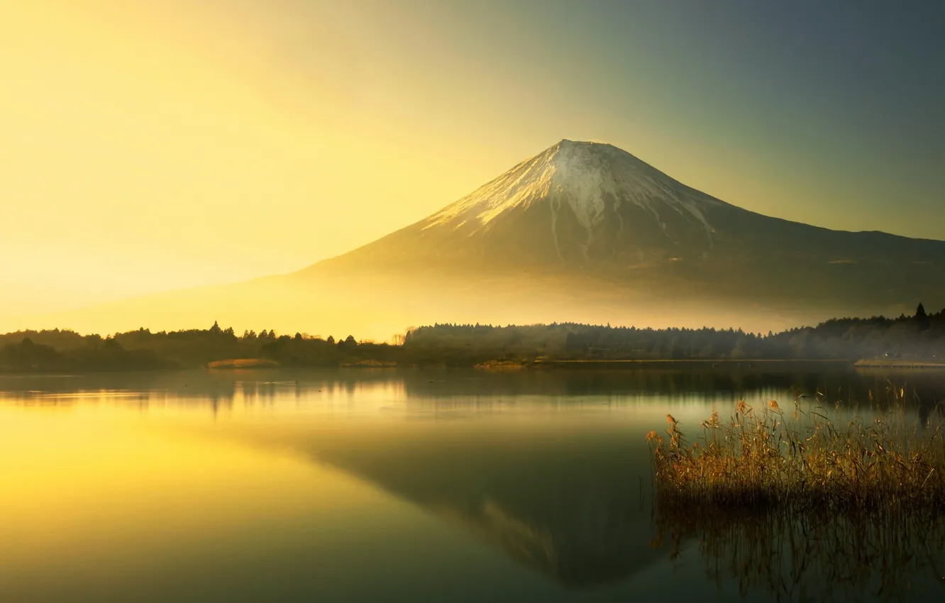 Фото обои утро, Fuji, гора Фудзи, Lake Yamanaka, озеро Яманака