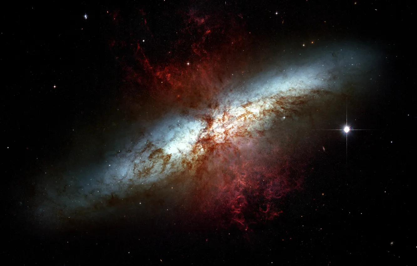 Фото обои Stars, Galaxy, Gas, Starburst galaxy, Constellation Ursa Major, Stellar nursery, M 82, Messier 82
