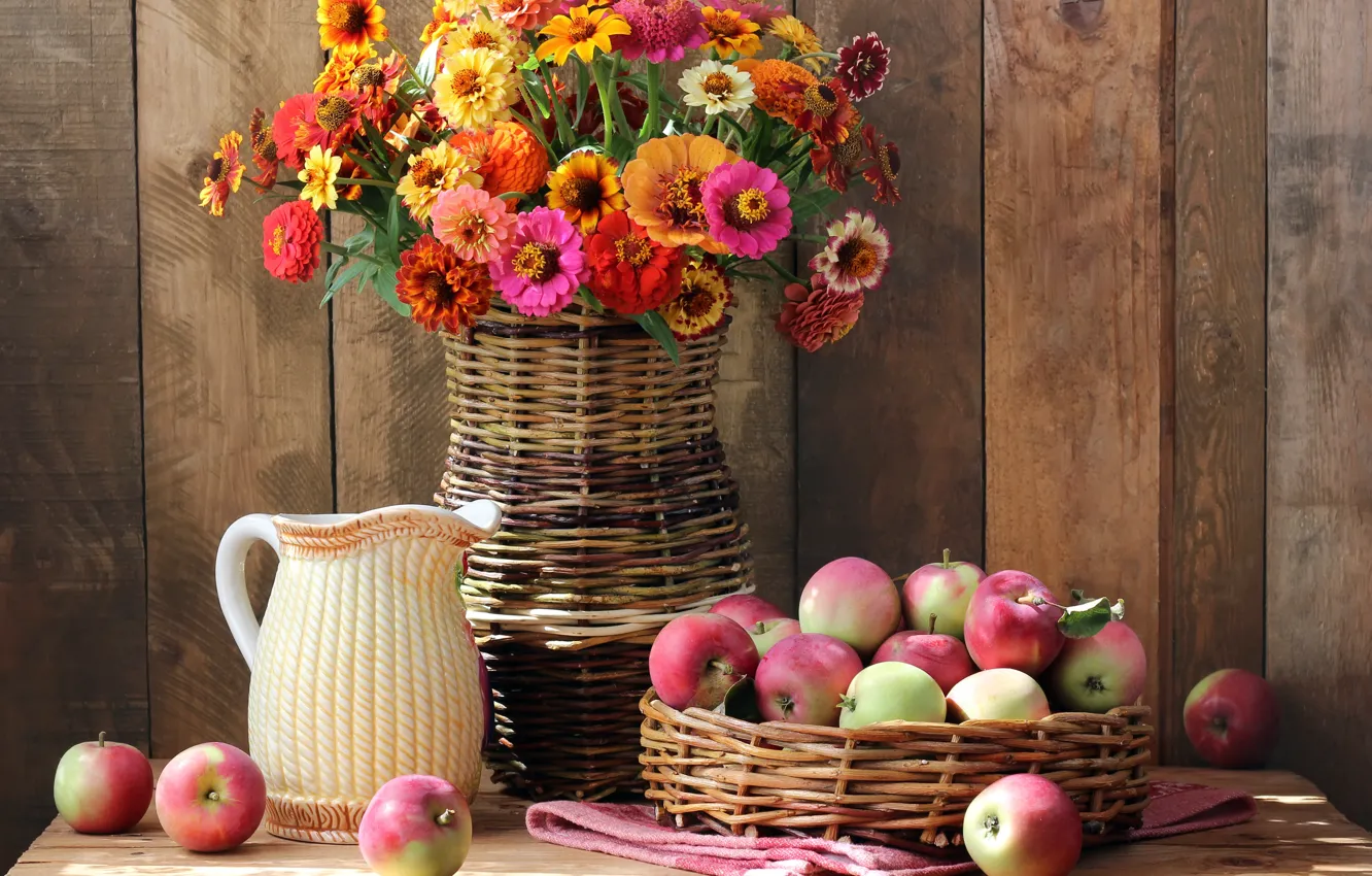 Фото обои осень, цветы, яблоки, букет, colorful, фрукты, натюрморт, flowers