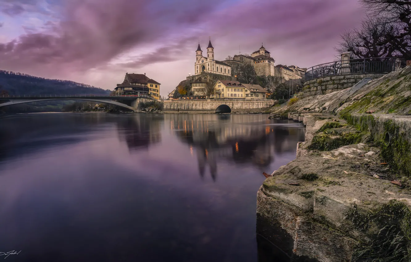 Фото обои мост, озеро, замок, Швейцария, Aarburg, Dan Felix