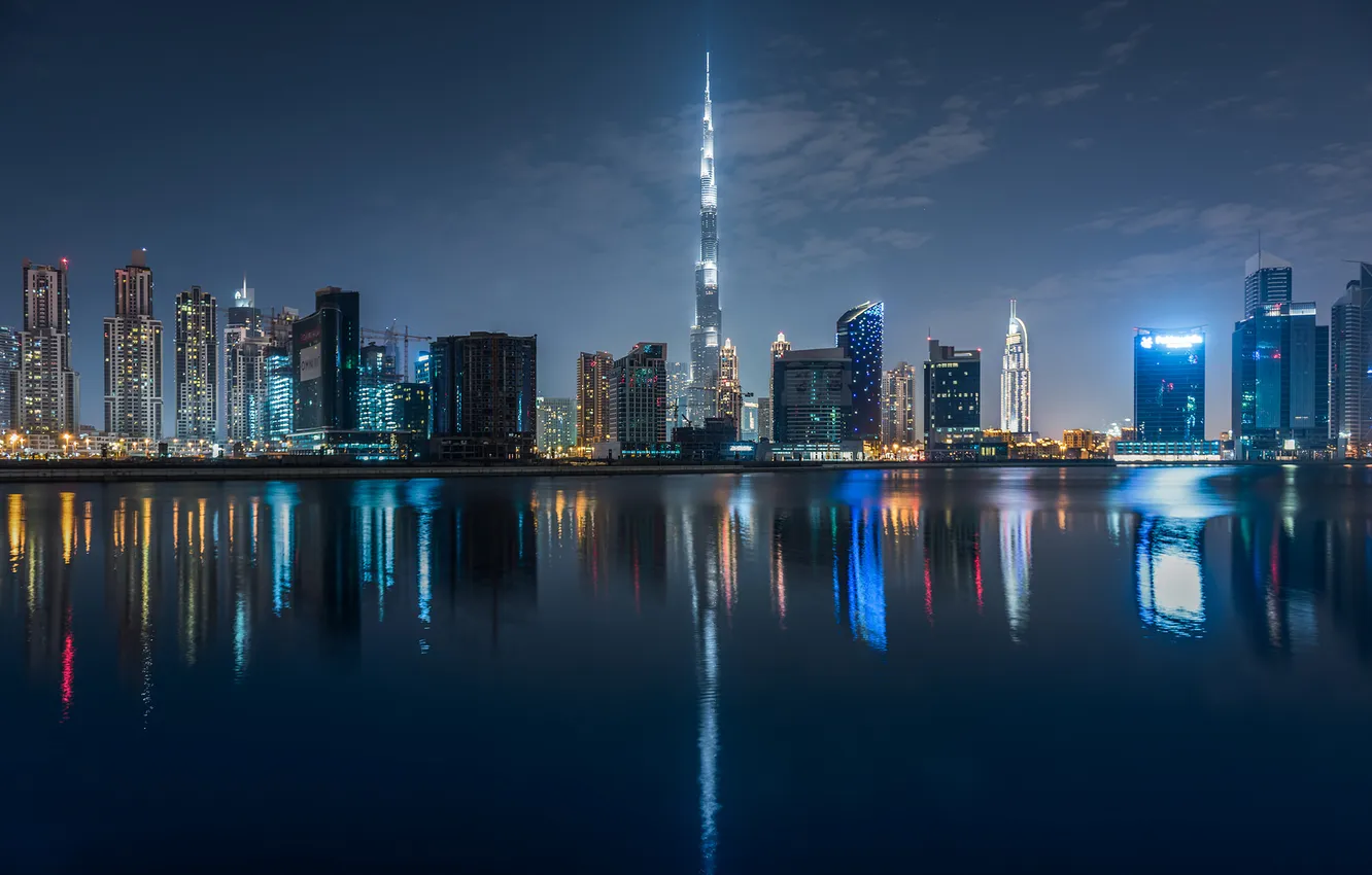 Фото обои city, lights, night, dubai, reflection