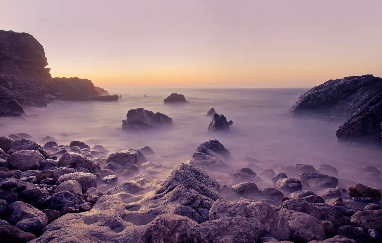 Фото обои море, закат, камни, скалы, дымка