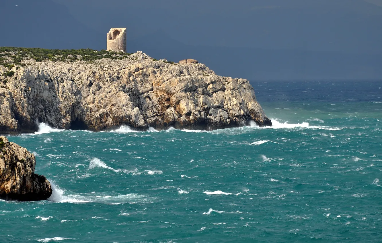 Фото обои море, камни, скалы, берег, башня, руины