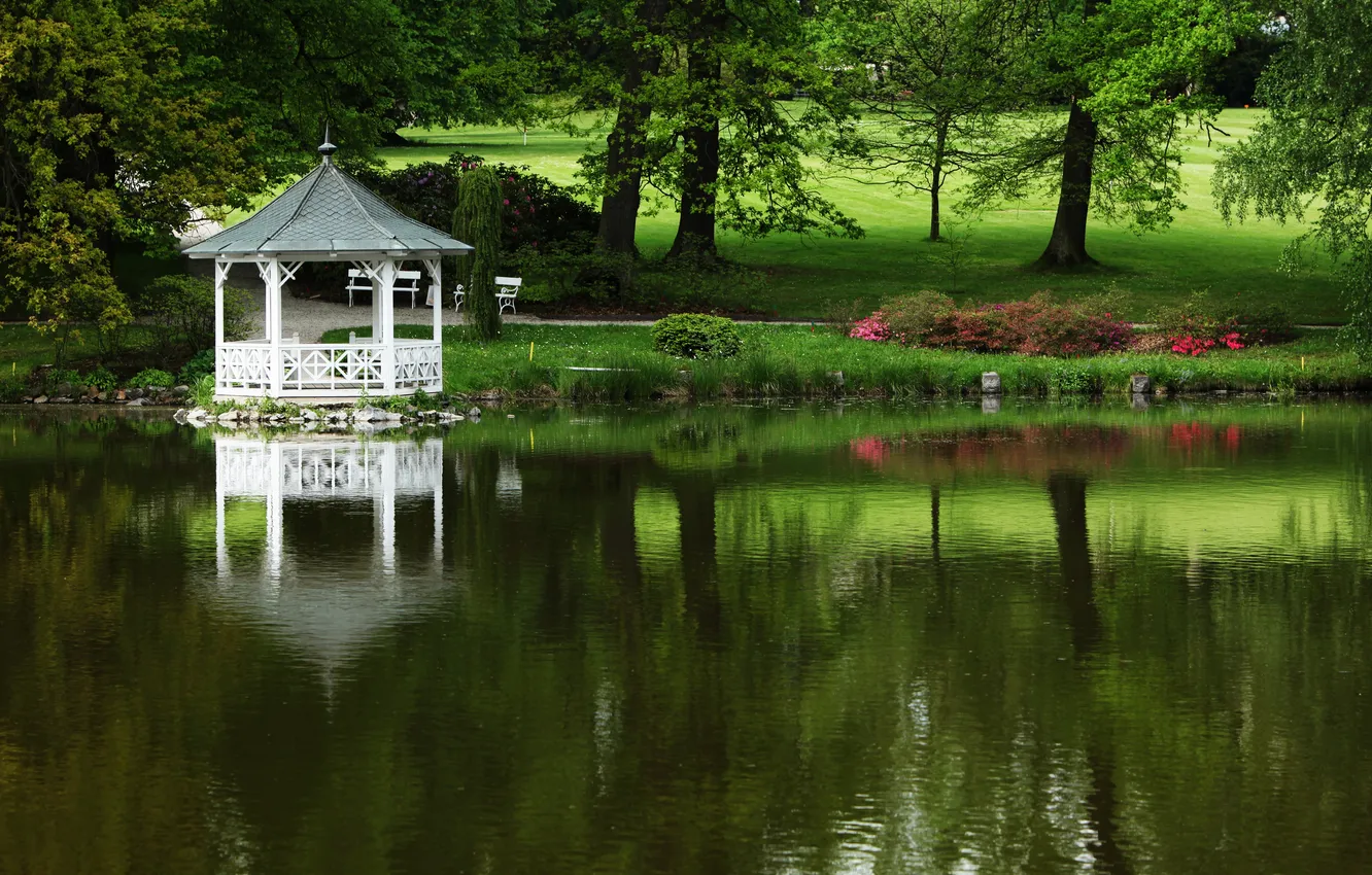 Фото обои пейзаж, озеро, парк, беседка