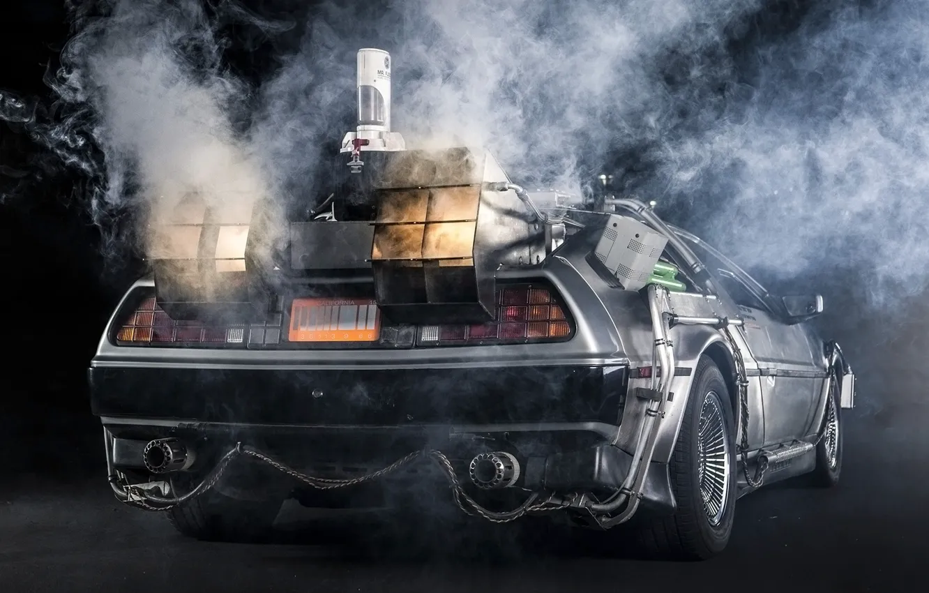 Фото обои фон, дым, Назад в будущее, ДеЛориан, вид сзади, DeLorean, DMC-12, выхлоп