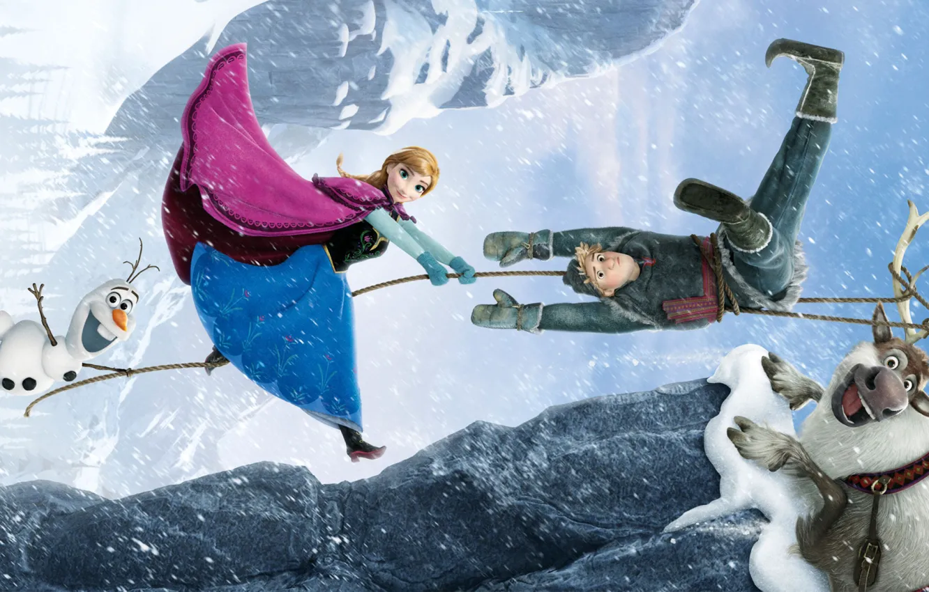 Фото обои девушка, снег, горы, мультфильм, сказка, веревка, олень, снеговик