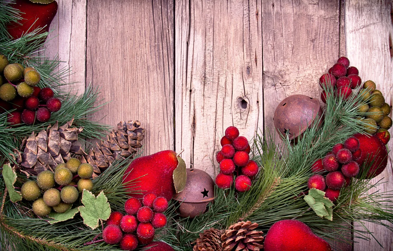Фото обои ветки, доски, новый год, Рождество, Christmas, шишки, груши, сосна