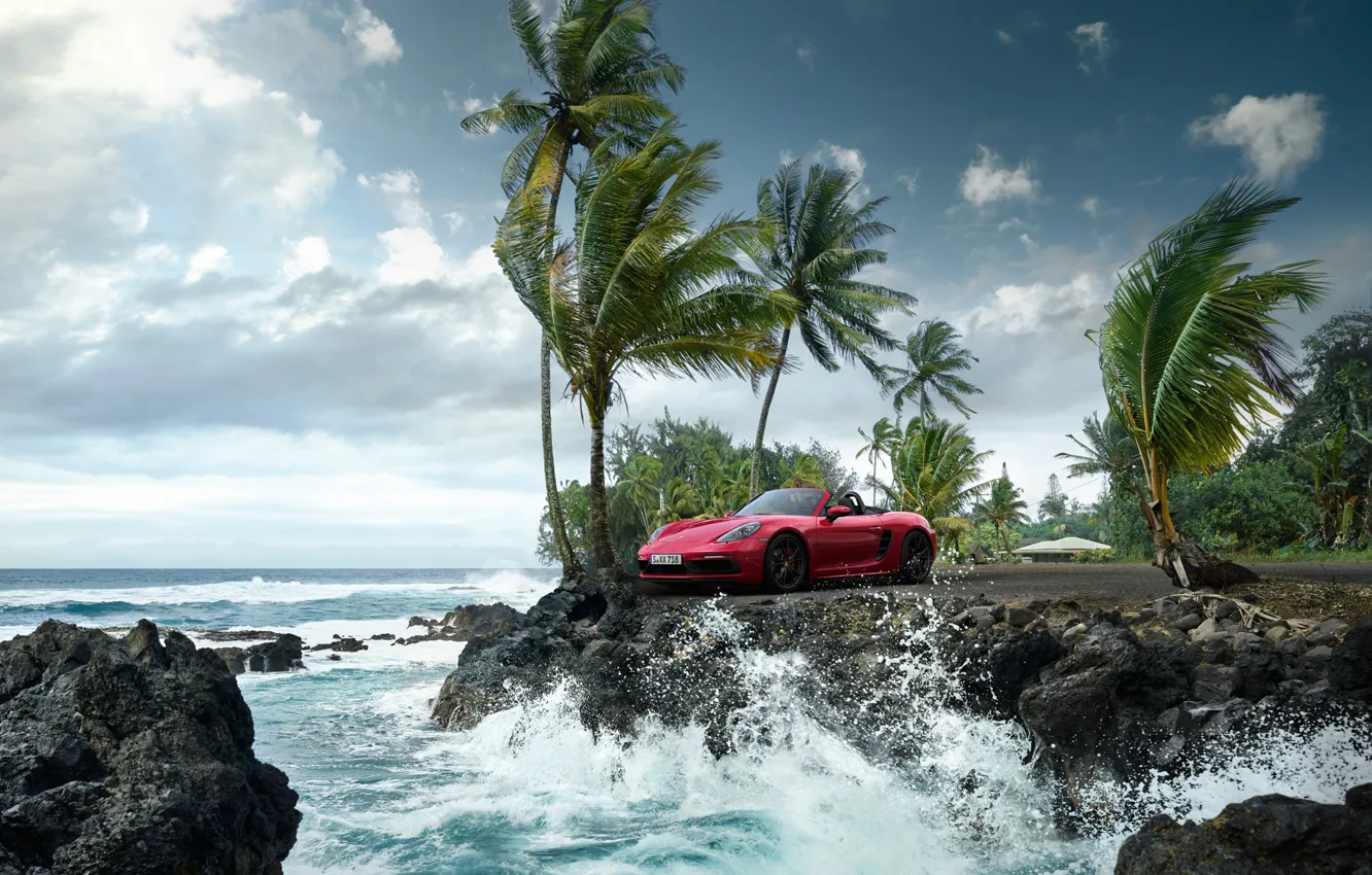 Фото обои волны, пальмы, океан, скалы, Porsche