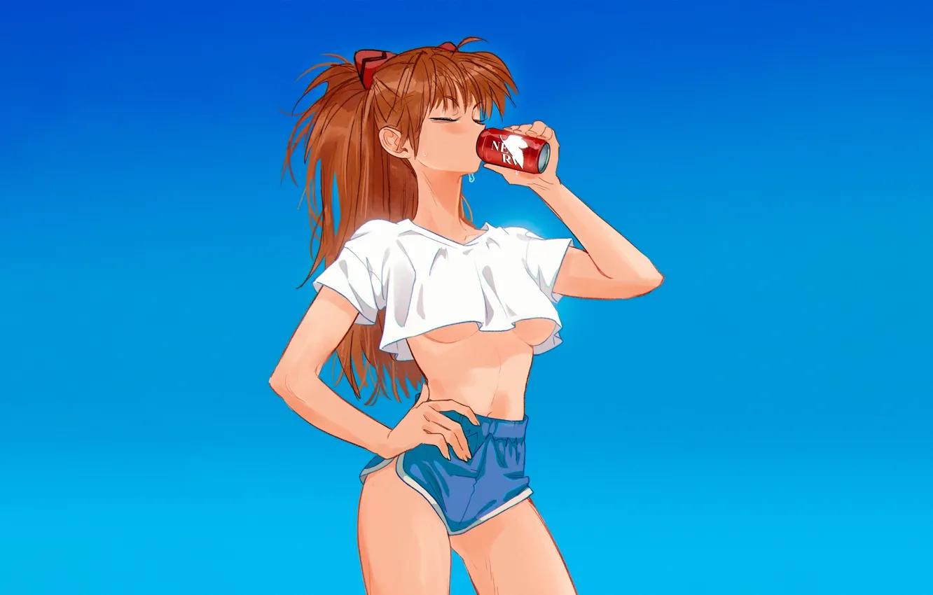 Фото обои Neon Genesis Evangelion, long hair, boobs, Asuka Langley Soryu, ponytail, redhead, sweat, thighs