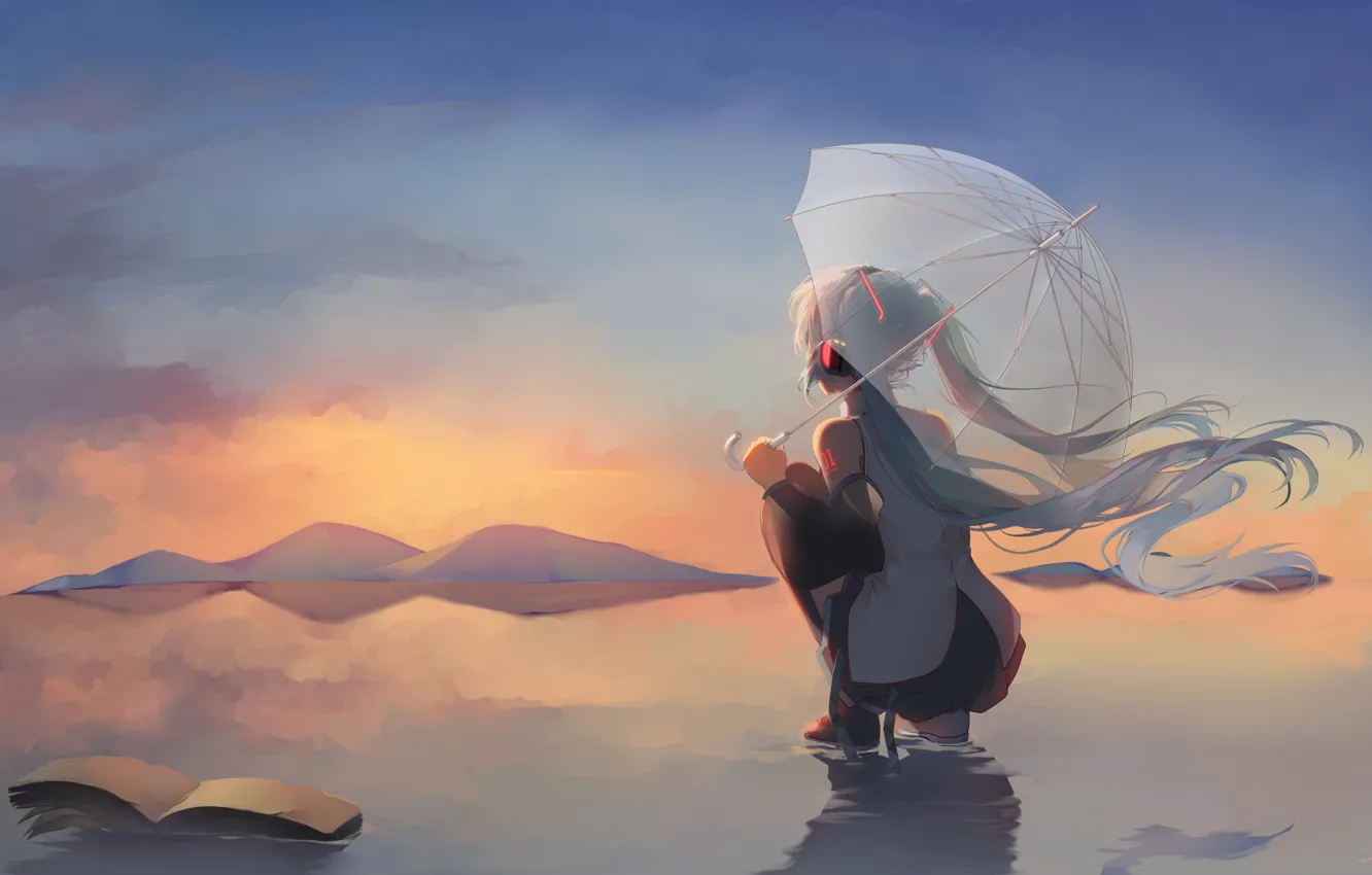Фото обои вода, девушка, зонт, Hatsune Miku, Vocaloid