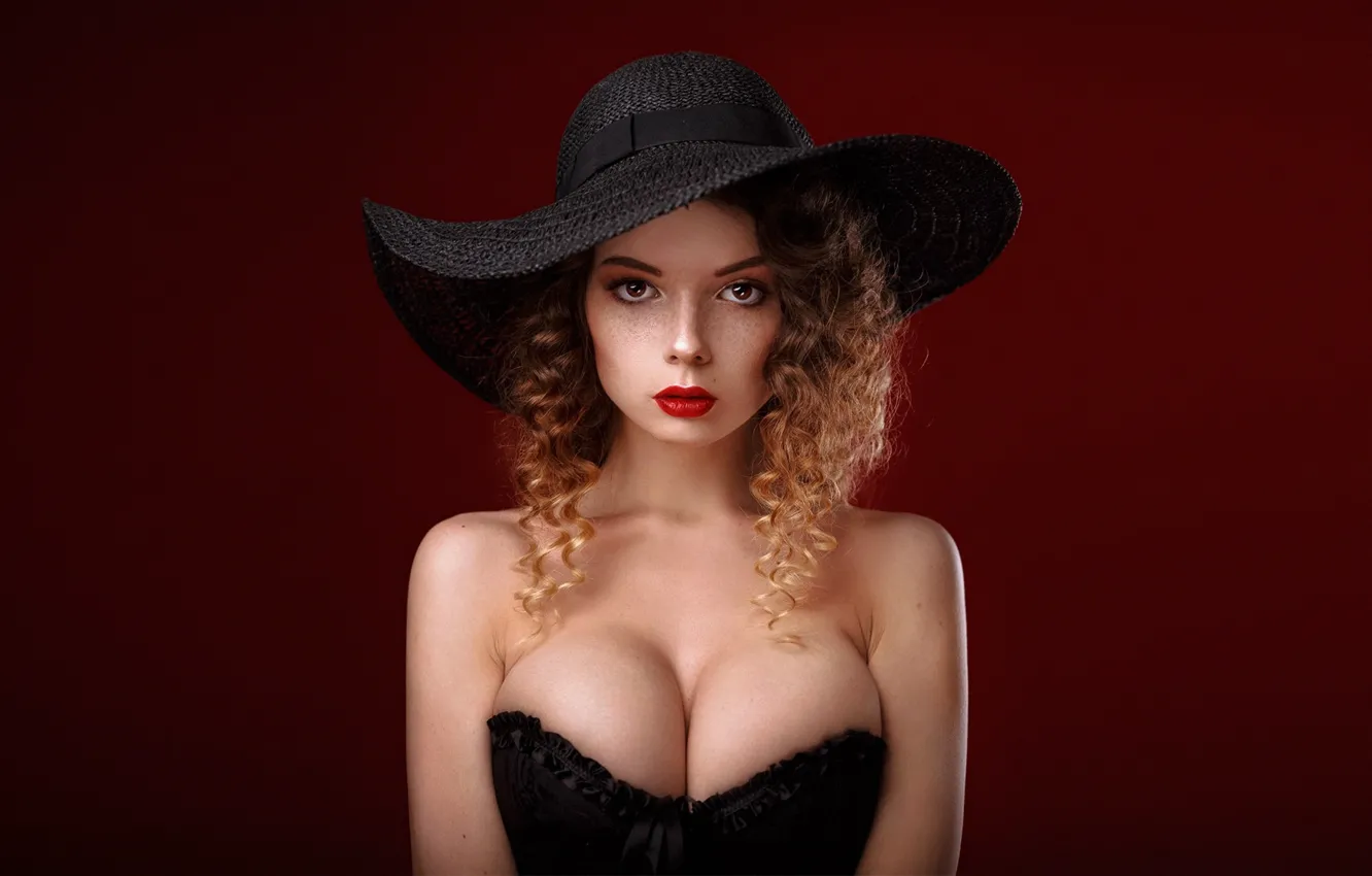 Фото обои girl, cleavage, long hair, dress, hat, brown hair, brown eyes, breast