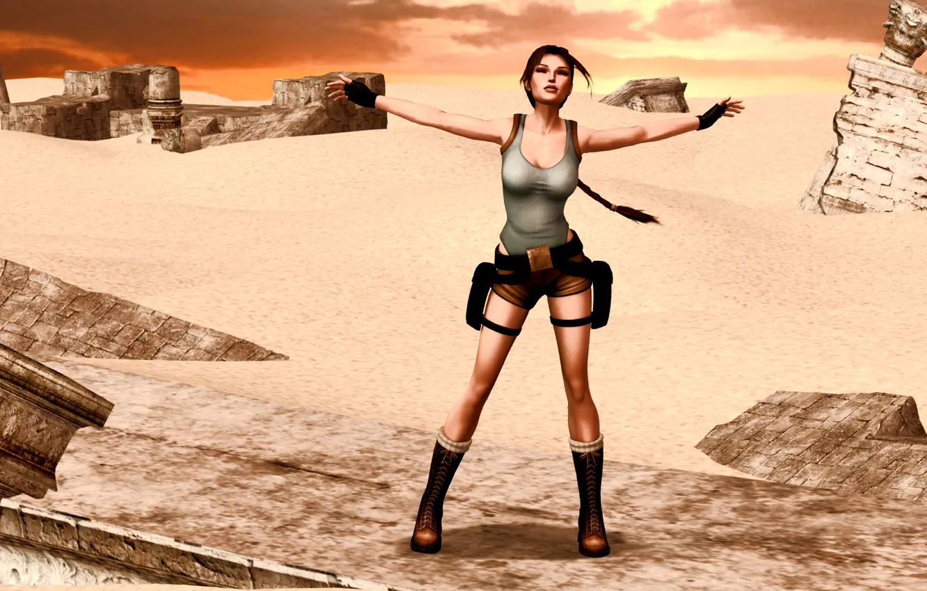 Фото обои песок, девушка, лицо, оружие, пустыня, волосы, игра, lara croft