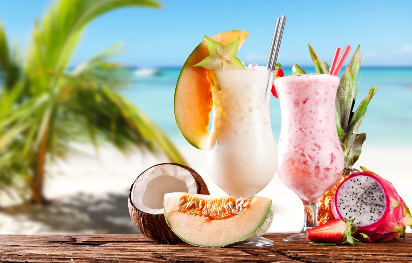 Фото обои море, пляж, кокос, клубника, ананас, beach, sea, melon