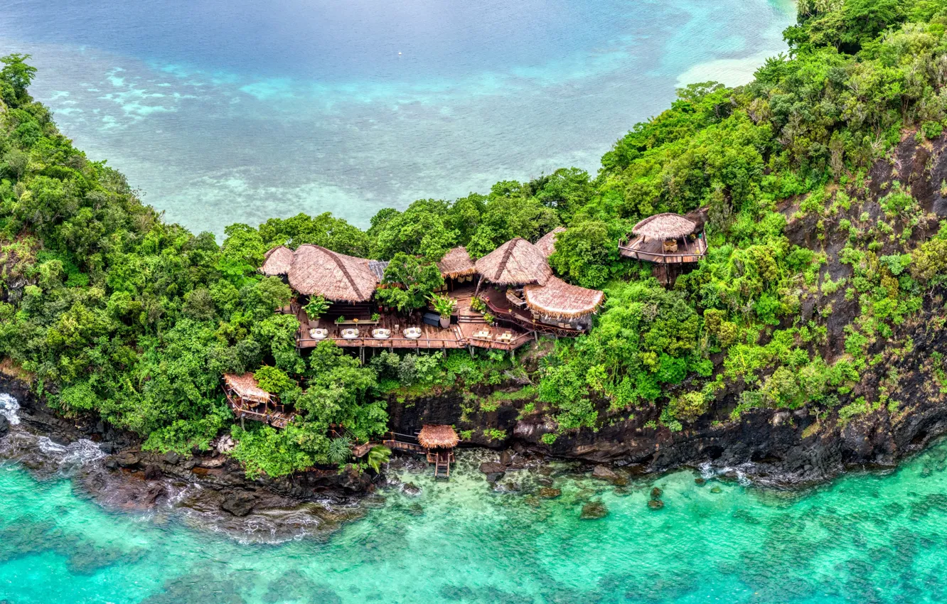 Фото обои sea, coast, jungle, stones, resort, aerial view