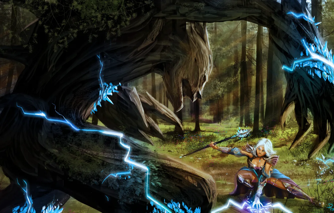 Фото обои лес, девушка, молния, монстр, арт, маг, кристаллы, посох