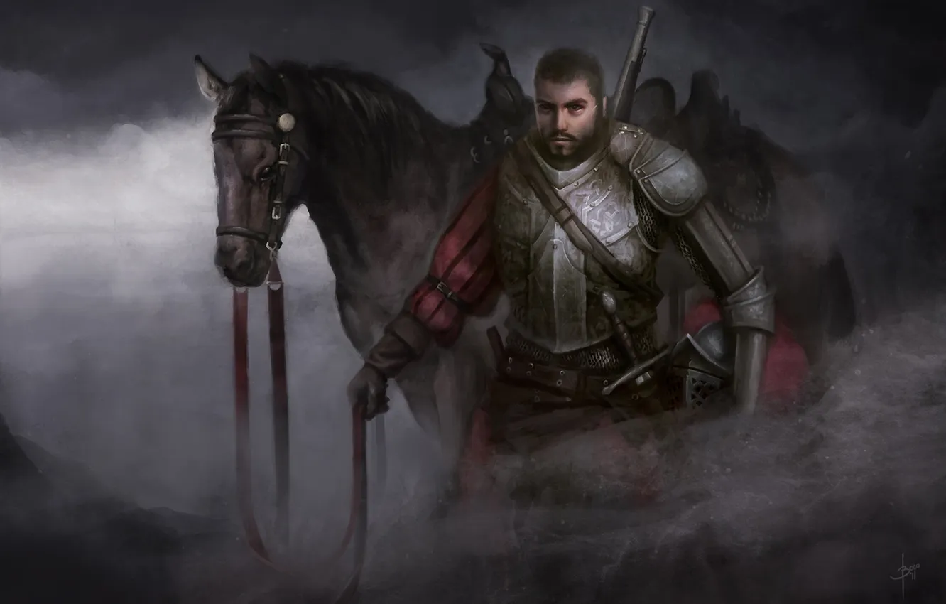 Фото обои туман, конь, меч, арт, мужчина, доспех, Bram Sels