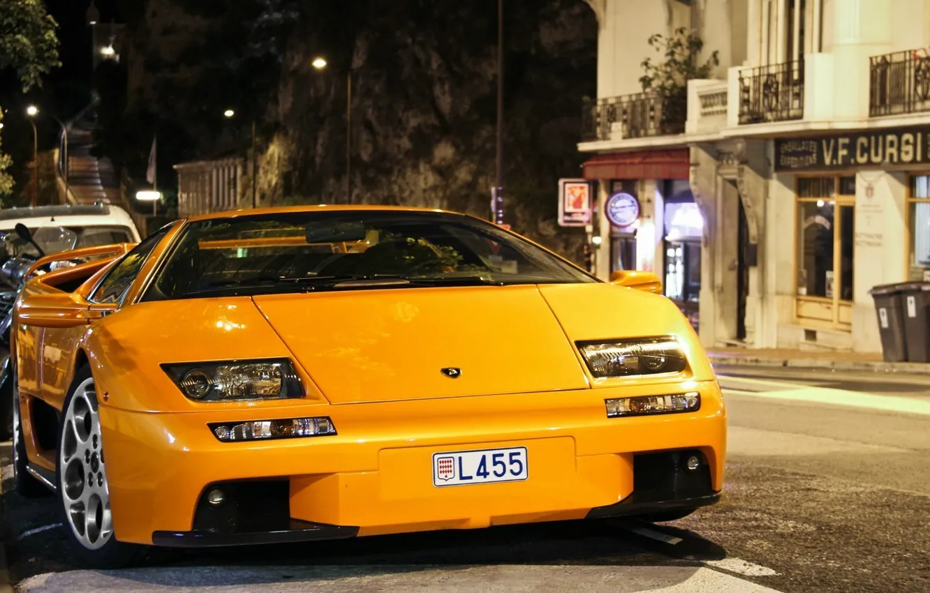 Фото обои car, желтый, улица, вечер, sport, дорога., Lamborgini diablo, Ламборгини диабло
