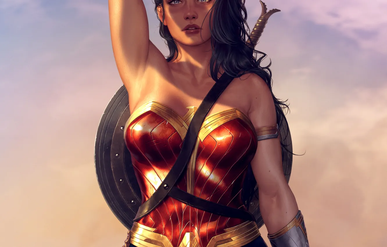 Фото обои sword, fantasy, Wonder Woman, blue eyes, comics, brunette, digital art, artwork