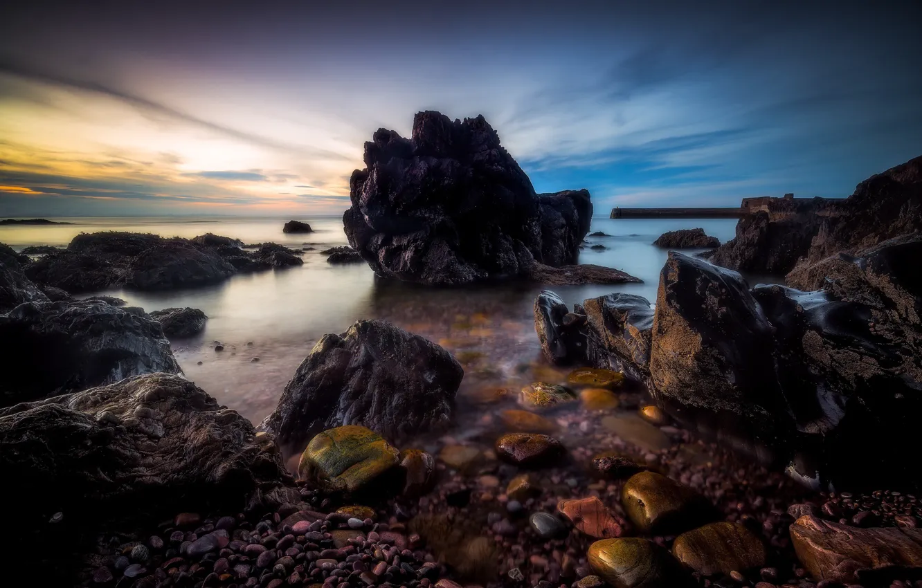 Фото обои море, закат, камни, скалы, побережье, Шотландия, Scotland, Morayshire