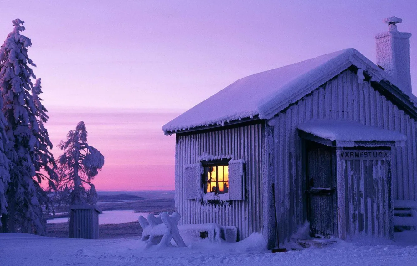 Фото обои зима, вечер, Дом, снег.