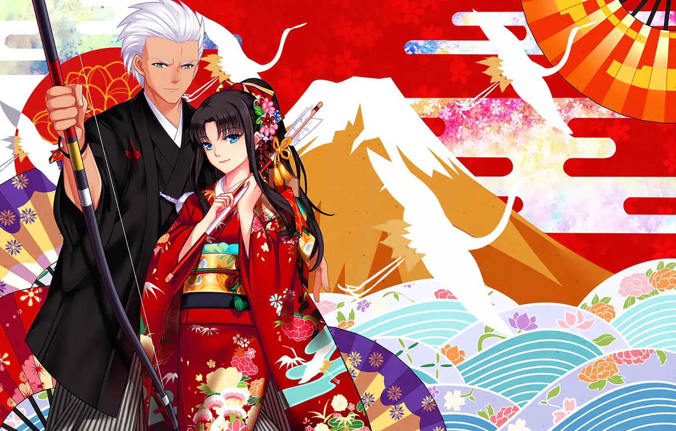 Фото обои девушка, аниме, арт, парень, двое, Рин, арчер, Fate / Stay Night