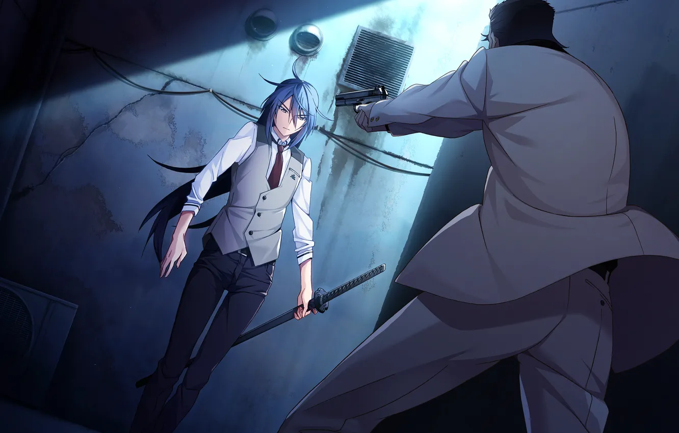 Фото обои взгляд, мужик, меч, бандиты, парень, Grisaia: Phantom Trigger