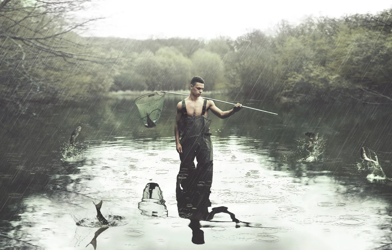 Фото обои дождь, рыбалка, парень