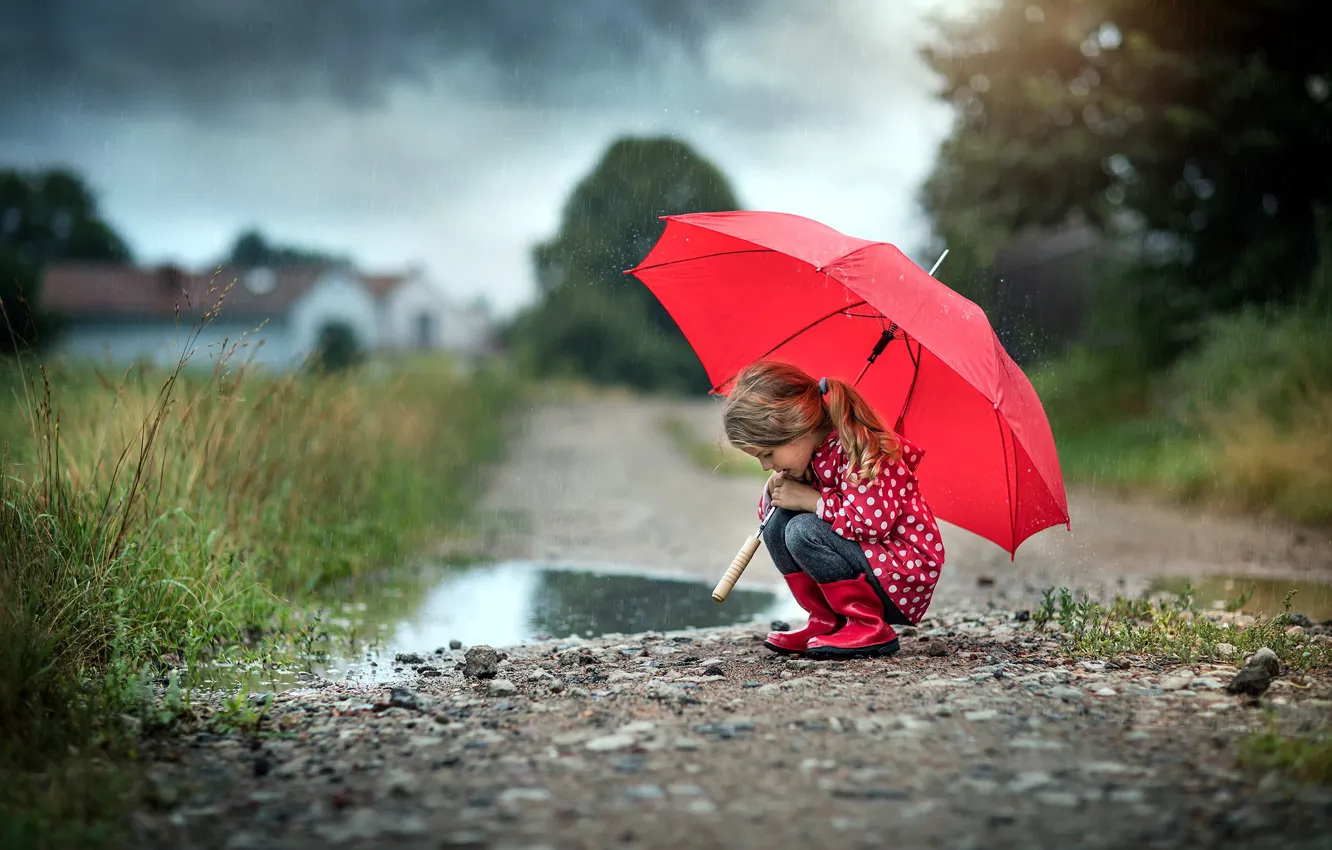 Фото обои дорога, природа, дождь, зонт, лужа, девочка, непогода, плащ