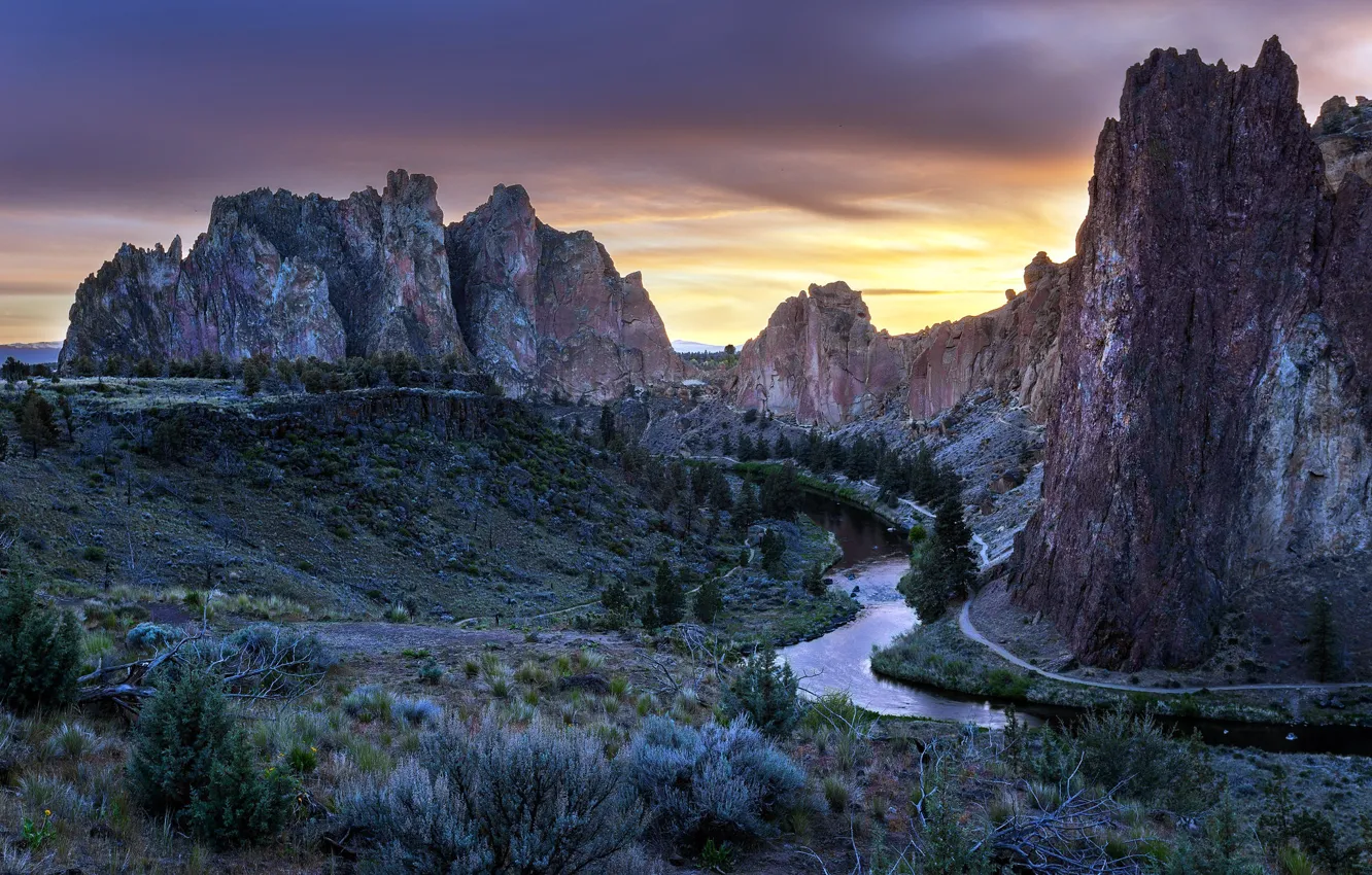 Фото обои Rock, Oregon, Sunset, River, Smith Rock