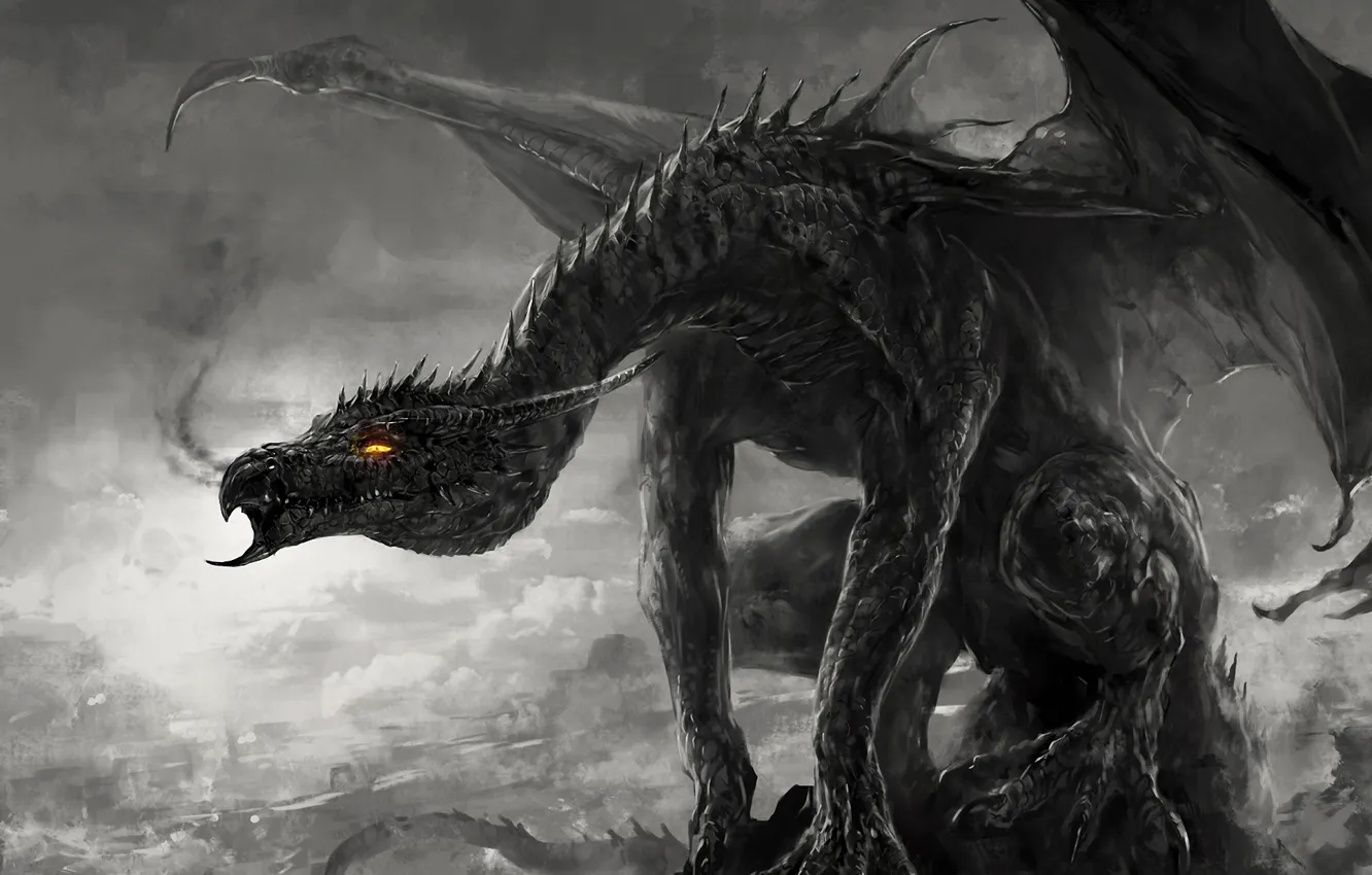 Фото обои черно-белый, дракон, дым, монстр, арт, монохромный