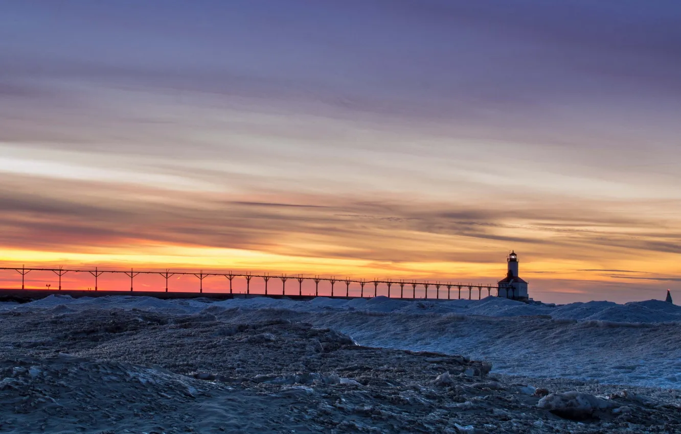 Фото обои пейзаж, закат, маяк, лёд