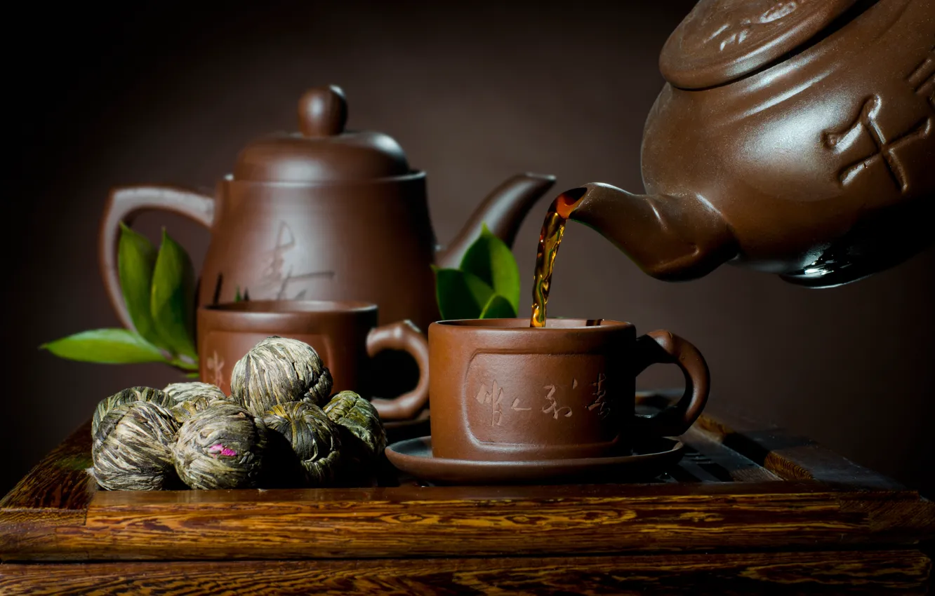 Фото обои чай, чайник, чашка, блюдце, листики, заварка