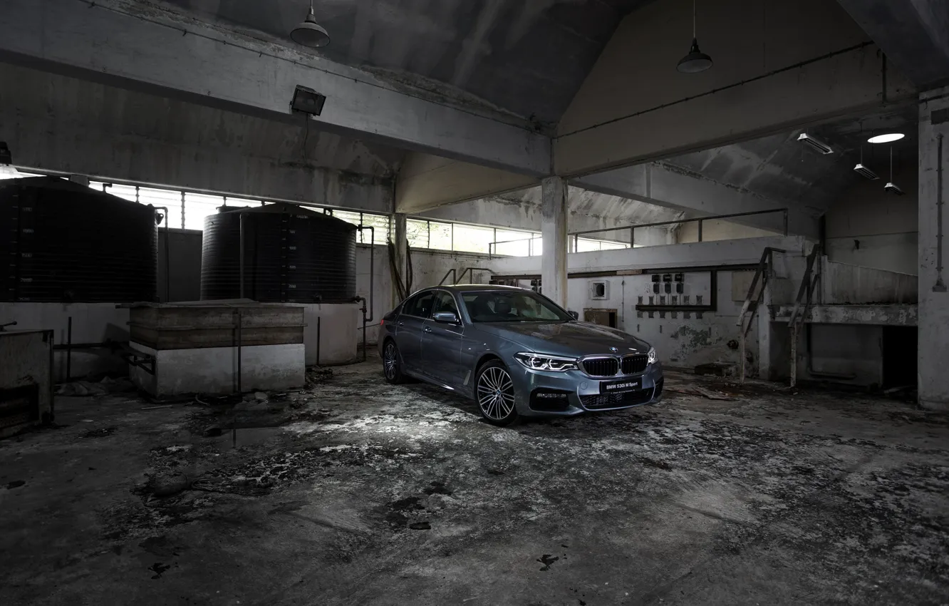 Фото обои серый, стены, BMW, седан, бетон, 530i, 5er, четырёхдверный