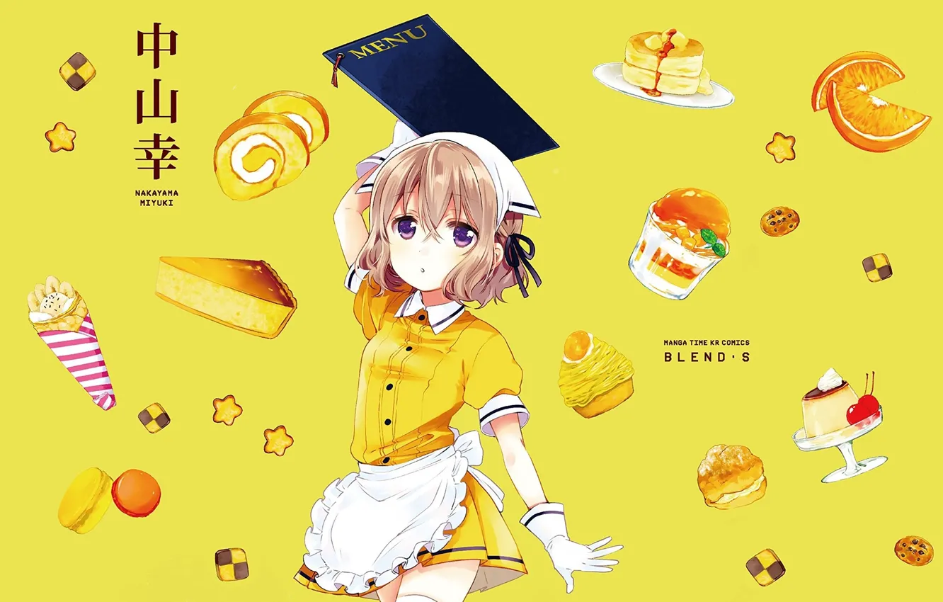Фото обои апельсин, сладости, перчатки, официантка, косынка, желтый фон, меню, печеньки