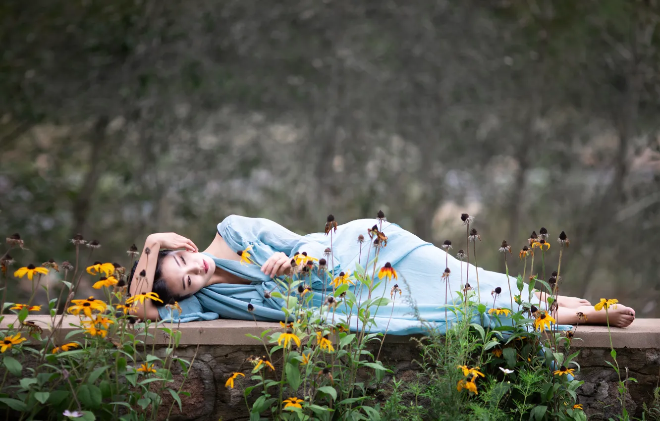 Фото обои девушка, цветы, природа, поза, сад, лежит, кимоно, азиатка