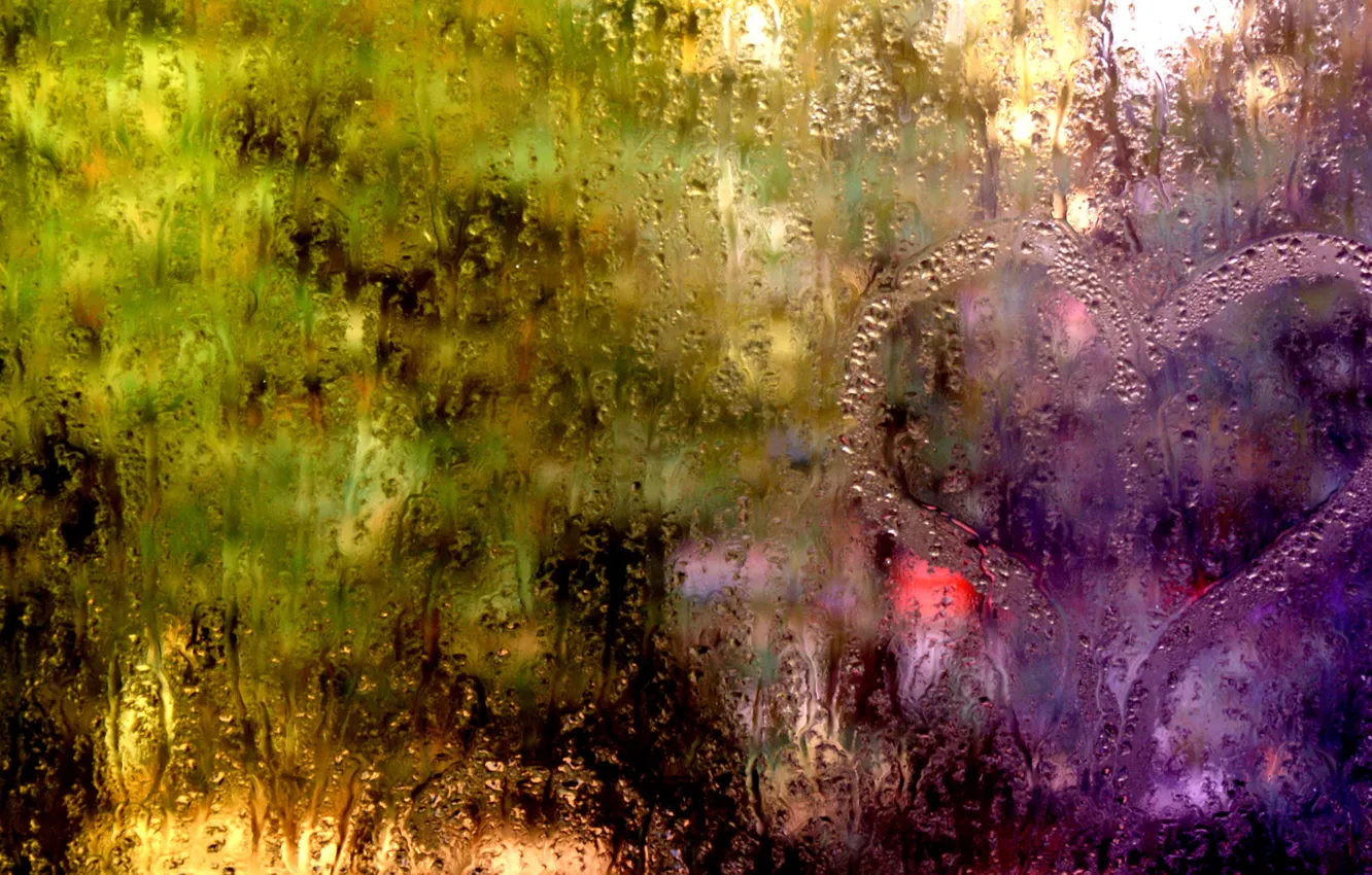Фото обои стекло, вода, капли, огни, дождь, окно, ливень, потоки