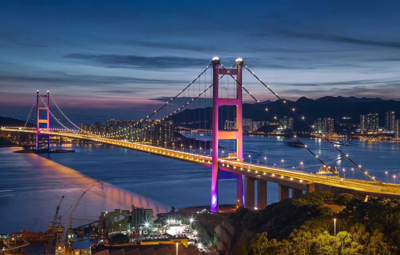 Фото обои море, ночь, мост, огни, Гонконг, освещение, Сянган